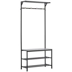 MDesign Coat Rack And Bench Organizer System Storage Unit, 4 Hooks Holds Jackets, Scarves, Purses, Hats, Leashes, Shoes, Boots For Bedroom, Hallway, Entryway 2-Tier Storage Bench- Black/Gray Wood Wash -Amazon Store 31Hqsh21oHL