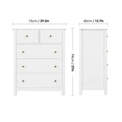 URKNO Modern Chest Of Drawers, Wood Tall Dresser With 5 Drawers, Storage Organizer Chest Cabinet Nightstand For Bedroom, Living Room, White