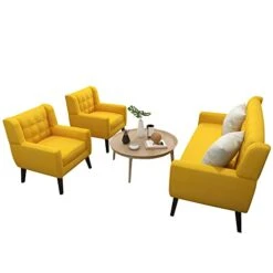 UIXE 3 Piece Indoor Comfy Sectional Sofa With Accent Chairs For Living Room, Linen Fabric Couch Modern Bedroom Loveseat 2-Seat Armchair For Home Apartment Small Space (Yellow) -Amazon Store 31IUHVBpDrL
