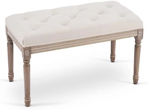 VONLUCE French Vintage Bench With Padded Seat & Rubberwood Legs, 44" Upholstered Entryway Bench & Dining Bench, Tufted Fabric End Of Bed Bench For Bedroom Living Room Hallway More, Beige 8 VONLUCE French Vintage Bench With Padded Seat & Rubberwood Legs, 44" Upholstered Entryway Bench & Dining Bench, Tufted Fabric End Of Bed Bench For Bedroom Living Room Hallway More, Beige - Image 6