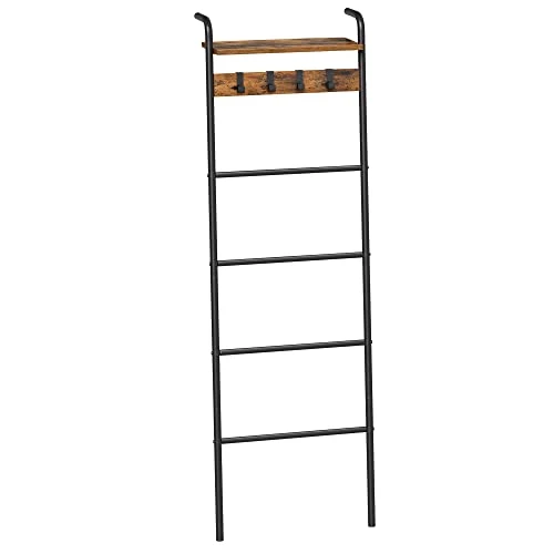 VASAGLE Blanket Ladder Shelf, Blanket Holder Rack For Living Room, Decorative Ladder With Removable Hooks, Top Storage Shelf, Metal Frame, Rustic Brown And Black ULLS017B01 3 VASAGLE Blanket Ladder Shelf, Blanket Holder Rack For Living Room, Decorative Ladder With Removable Hooks, Top Storage Shelf, Metal Frame, Rustic Brown And Black ULLS017B01