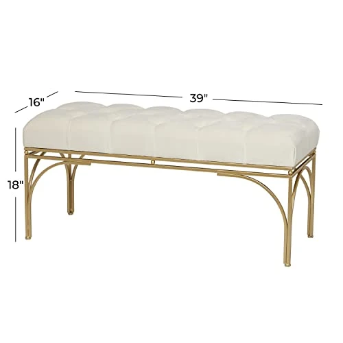 Deco 79 Metal Bench With Velvet Seat, 39" X 16" X 18", White 5 Deco 79 Metal Bench With Velvet Seat, 39" X 16" X 18", White - Image 3