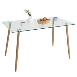 Tangkula Glass Dining Table, Modern Rectangular Table With Spacious Tempered Glass Tabletop & Wood Grain Steel Legs, Simplistic Kitchen Table, 51 X 27.5 X 29.5 Inch, Versatile Table For Home Office