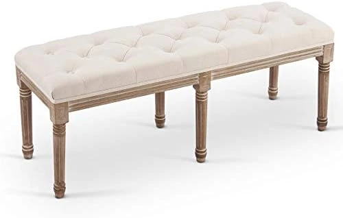 VONLUCE French Vintage Bench With Padded Seat & Rubberwood Legs, 44" Upholstered Entryway Bench & Dining Bench, Tufted Fabric End Of Bed Bench For Bedroom Living Room Hallway More, Beige 11 VONLUCE French Vintage Bench With Padded Seat & Rubberwood Legs, 44" Upholstered Entryway Bench & Dining Bench, Tufted Fabric End Of Bed Bench For Bedroom Living Room Hallway More, Beige - Image 9