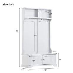 40" Hall Tree With Bench And Shoe Storage, 3 In 1 Entryway Bench With Coat Rack And 4 Double Hooks, Mud Room Organization With 2 Open Shelves, Entryway Furniture With Storage Cabinet For Hallway