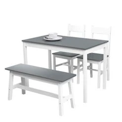 Mecor 4-Piece Kitchen Dining Table Set, Modern Solid Wood Table W/ 2 Chairs And Bench For Home Kitchen Dining Room Furniture, Grey