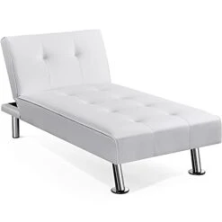 Yaheetech Faux Leather Chaise Lounge Indoor Convertible Chaise Futon Tufted Chaise Daybed With Chrome Metal Legs Converts To Recliner/Bed White