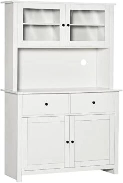 HOMCOM 63.5" Kitchen Buffet With Hutch, Pantry Storage Cabinet With 4 Shelves, Drawers, Framed Glass Doors, Open Microwave Countertop, Antique White -Amazon Store 31PaORwCAvL. AC