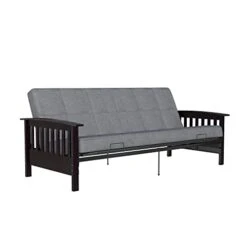 DHP 2524449 Espresso Wood Arm Metal Futon Frame With 6-Inch Mattress, Gray