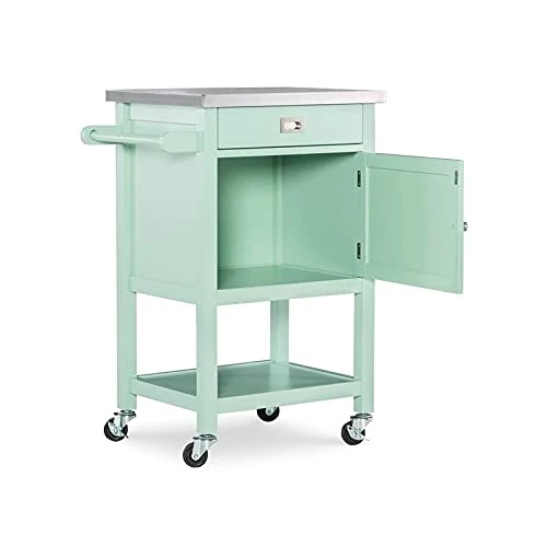 Riverbay Furniture Stainless Steel Top Pine Wood Rolling Storage Microwave Table Kitchen Island Cart On Wheels With One Drawer And One Shelf In Light Green 4 Riverbay Furniture Stainless Steel Top Pine Wood Rolling Storage Microwave Table Kitchen Island Cart On Wheels With One Drawer And One Shelf In Light Green - Image 2