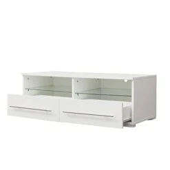 MENGK White TV Cabinet Has Two Drawers With Dual End Color-Changing LED Light Strip