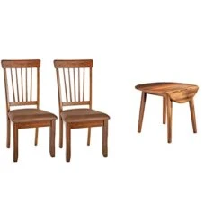 Signature Design By Ashley Berringer Rustic Dining Chair With Cushions, 2 Count, Brown & Berringer Dining Room Round Drop Leaf Table, Rustic Brown