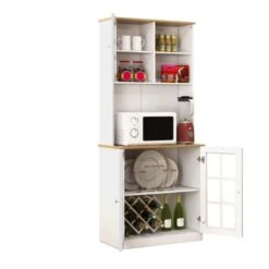CHEFJOY Kitchen Pantry Storage Cabinet, 72” Kitchen Buffet Hutch With Open Countertop, Adjustable Shelf & Tempered Glass Doors, Tall Standing Storage Cupboard For Kitchen & Dinning Room, White