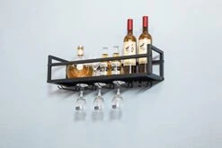 Fhesap Wall Mounted Wine Rack, Hanging Wine Rack, Wine Glass Rack Holds Wine Bottles And 5 Stemware Glass Holder, Metal Wine Storage Rack For Home Kitchen, Dining Room, Bar Décor, Black