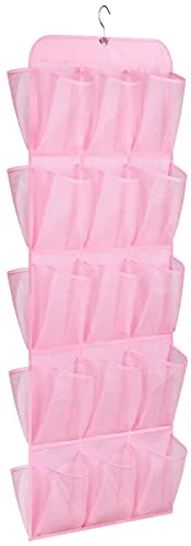 AOODA Hanging Kids Shoe Organizer For Closet Rod Double Sided 30 Large Pockets Baby Shoe Rack For Toddler Shoe Holder With Rotating Hanger For Barbie, Baby Nursery, (Pink)