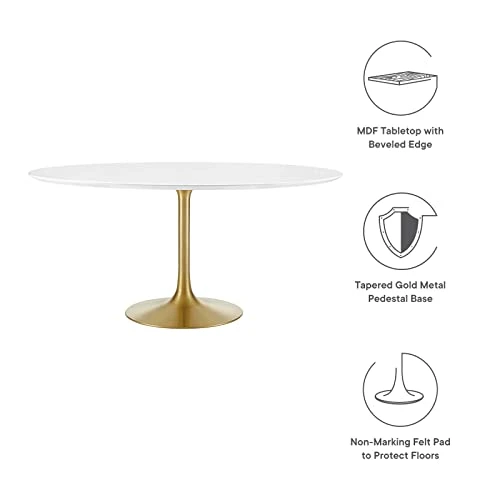 Modway Lippa 60" Mid-Century Modern Dining Table With Round White Top And Pedestal Base In Gold White 6 Modway Lippa 60" Mid-Century Modern Dining Table With Round White Top And Pedestal Base In Gold White - Image 4