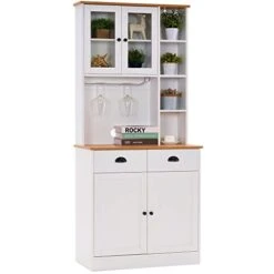 Ivinta Pantry Storage Kitchen Cabinet, Tall Hutch Cabinet With Doors And Shelves, White Buffet Cabinet For Kitchen, Accent Cabinet With 2 Drawers And Wine Rack, Modern Freestanding Kitchen Cabinet