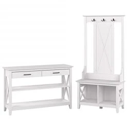 Bush Furniture Key West Entryway Storage Set With Hall Tree, Shoe Bench And Console Table In Pure White Oak