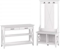 Bush Furniture Key West Entryway Storage Set With Hall Tree, Shoe Bench And Console Table In Pure White Oak -Amazon Store 31WXgRdyiQS. AC
