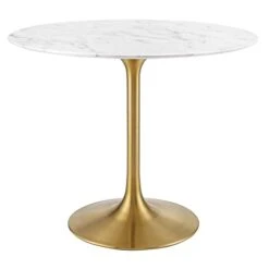 Modway Lippa 36" Mid-Century Dining Table With Round Artificial Marble Top In Gold White