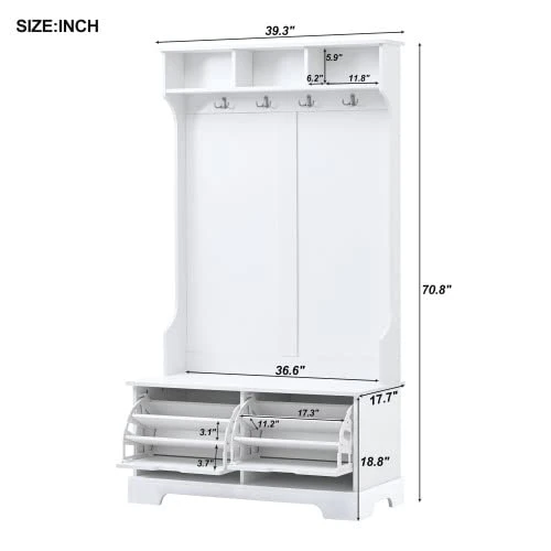 GUTK Hall Tree With 2 Flip Shoe Storage Drawers, Coat Rack With 4 Metal Hooks And 3 Top Shelves, Wood Hallway Entryway Storage Bench Coat Hanger For Livng Room Bedroom (White) 4 GUTK Hall Tree With 2 Flip Shoe Storage Drawers, Coat Rack With 4 Metal Hooks And 3 Top Shelves, Wood Hallway Entryway Storage Bench Coat Hanger For Livng Room Bedroom (White) - Image 2