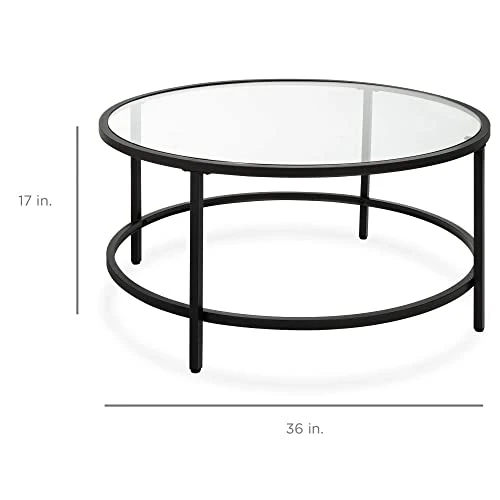 Best Choice Products 36in Modern Round Tempered Glass Accent Side Coffee Table For Living Room, Dining Room, Tea, Home Décor W/Metal Frame, Non-Marring Foot Caps - Black 6 Best Choice Products 36in Modern Round Tempered Glass Accent Side Coffee Table For Living Room, Dining Room, Tea, Home Décor W/Metal Frame, Non-Marring Foot Caps - Black - Image 4