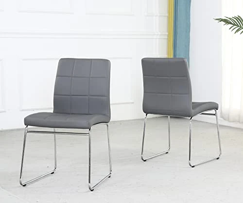 SICOTAS Modern Dining Chairs Set Of 2,Dining Room Chairs With Faux Leather Padded Seat Back In Checkered Pattern And Sled Chrome Legs, Kitchen Side Chairs For Dining Room,Kitchen, Living Room,Gray 3 SICOTAS Modern Dining Chairs Set Of 2,Dining Room Chairs With Faux Leather Padded Seat Back In Checkered Pattern And Sled Chrome Legs, Kitchen Side Chairs For Dining Room,Kitchen, Living Room,Gray
