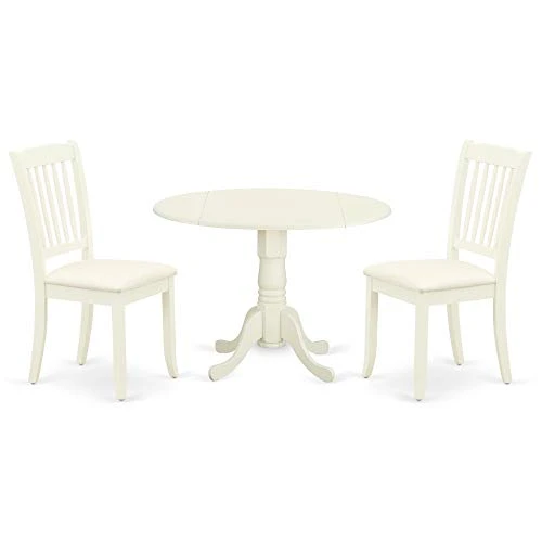 East West Furniture DLDA3-WHI-C 3Pc Dinette Set Includes A Rounded Kitchen Table With Drop Leaves And Two Vertical Slatted Linen Fabric Seat Dining Chairs, White Finish, 3 4 East West Furniture DLDA3-WHI-C 3Pc Dinette Set Includes A Rounded Kitchen Table With Drop Leaves And Two Vertical Slatted Linen Fabric Seat Dining Chairs, White Finish, 3 - Image 2