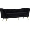 Meridian Furniture Margo Collection Modern | Contemporary Velvet Upholstered Sofa With Deep Channel Tufting And Rich Gold Stainless Steel Legs, Black, 88" W X 30" D X 33" H