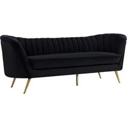 Meridian Furniture Margo Collection Modern | Contemporary Velvet Upholstered Sofa With Deep Channel Tufting And Rich Gold Stainless Steel Legs, Black, 88" W X 30" D X 33" H