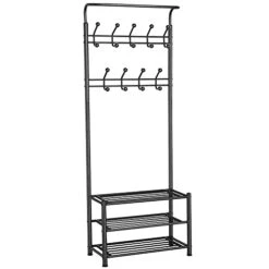 YOMIIN Metal Multipurpose Entryway Hall Tree With 3-Tier Shoe Rack, Black