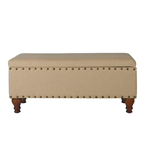 Homepop Home Decor | Upholstered Bench With Nailhead Trim | Large Ottoman With Storage For Living Room & Bedroom | Decorative Home Furniture, Tan Linen 5 Homepop Home Decor | Upholstered Bench With Nailhead Trim | Large Ottoman With Storage For Living Room & Bedroom | Decorative Home Furniture, Tan Linen - Image 3