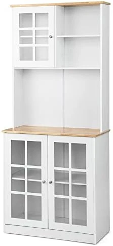 PETSITE Kitchen Pantry Storage Cabinet, 72'' Freestanding Buffet With Hutch With 2 Tempered Glass Doors Cabinets & Open Shelves, Microwave Cupboard For Living Room, Dining Room, White 7 PETSITE Kitchen Pantry Storage Cabinet, 72'' Freestanding Buffet With Hutch With 2 Tempered Glass Doors Cabinets & Open Shelves, Microwave Cupboard For Living Room, Dining Room, White - Image 5