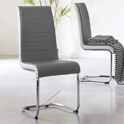 Modern Dining Chairs Set Of 2, Kitchen Chairs, Faux Leather Dining Room Chairs With High Back Soft Padded, Chrome Legs For Home Kitchen (2 Grey Chairs) -Amazon Store 31hgcp8XoHL