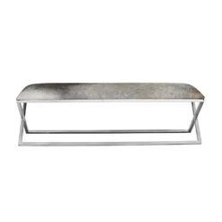 Modern Stainless Steel And Cowhide Bench Grey Silver Solid Glam Contemporary Leather Finish Handmade