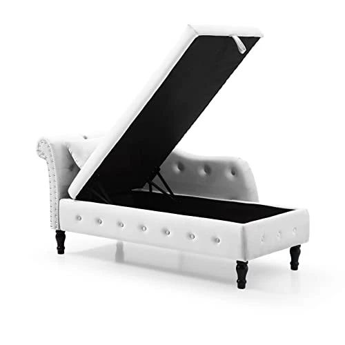 RARZOE Tufted Velvet Chaise Lounge Indoor With Storage, Upholstered Rolled Arm Chaise Lounges Indoor Chair, Right Arm Facing Chaise Lounge With Nailhead Trim For Living Room Bedroom Office,White 4 RARZOE Tufted Velvet Chaise Lounge Indoor With Storage, Upholstered Rolled Arm Chaise Lounges Indoor Chair, Right Arm Facing Chaise Lounge With Nailhead Trim For Living Room Bedroom Office,White - Image 2