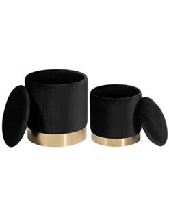 DEERUN Round Velvet Storage Ottoman Foot Rest Stool/Upholstered Footstool With Gold Plating Base,Pack Of 2 (Black)