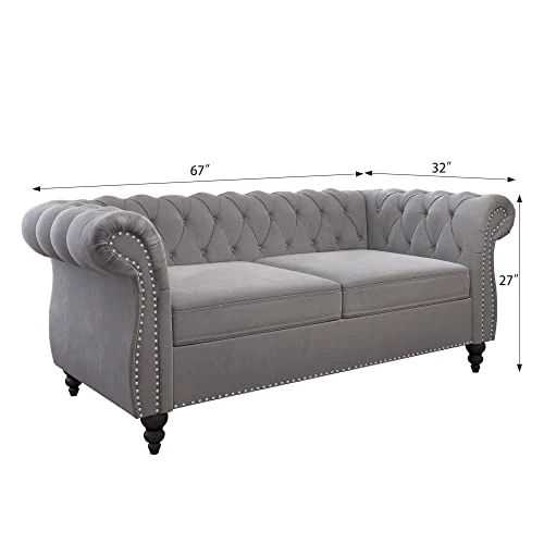 2 Piece Living Room Set, Velvet Chesterfield Sofa Loveseat Couch With Scroll Arms And Nailhead For Living Room, Office (Grey) 8 2 Piece Living Room Set, Velvet Chesterfield Sofa Loveseat Couch With Scroll Arms And Nailhead For Living Room, Office (Grey) - Image 6
