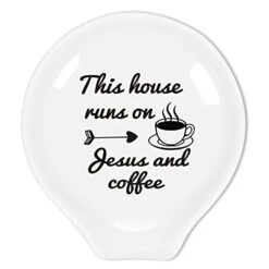 Littlefa Funny Coffee Quote This House Runs On Jesus And Black Sign Ceramic Spoon Holder-Coffee Rest -Coffee Station Decor Bar Accessories-Coffee Lovers Gift For Women Men