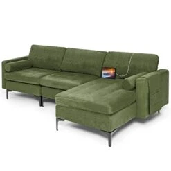 Giantex Large Couch, 3 Seat Sectional Sofa Set, L-Shaped Modular Sleeper With Convertible Chaise Lounge, USB Ports, 3-Hole Socket, Storage Box, 2 Bolsters, Family Apartment Living Room, Green
