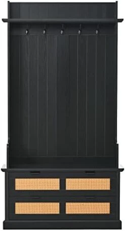 SCORRO Clothes Locker Vintage Style Hall Tree With 5 Metal Hooks And 2 Large Rattan Element Drawers Wooden Hallway Organizer With Storage Bench And Metal Drawer Handles (White) -Amazon Store 31mL9CL7zOL. AC