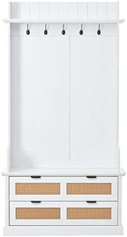 SCORRO Clothes Locker Vintage Style Hall Tree With 5 Metal Hooks And 2 Large Rattan Element Drawers Wooden Hallway Organizer With Storage Bench And Metal Drawer Handles (White) -Amazon Store 31oXIpz39XL. AC