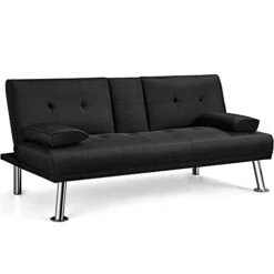 SAZAK Modern Fabric Reclining Futon With Cupholders And Pillows, Black