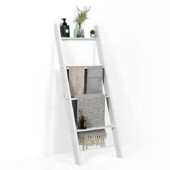 Tangkula 4-Tier Wooden Blanket Ladder, 4.5 Ft Farmhouse Storage Rack, Wall Leaning Ladder Shelf Stand, Decorative Blanket Shelf For Living Room, Bathroom & Bedroom (White)