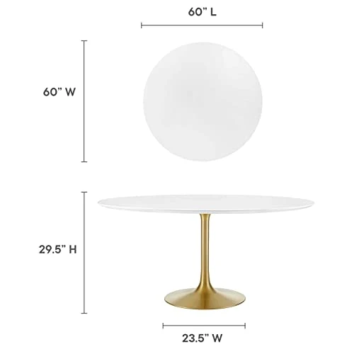 Modway Lippa 60" Mid-Century Modern Dining Table With Round White Top And Pedestal Base In Gold White 3 Modway Lippa 60" Mid-Century Modern Dining Table With Round White Top And Pedestal Base In Gold White