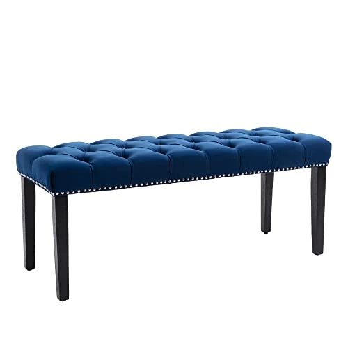 Yoluckea Modern Velvet Bench Upholstered Ottoman Dining Bench With Nailhead Trim Tufted Footstool For Entryway Bedroom Kitchen Dining Table (Blue) 4 Yoluckea Modern Velvet Bench Upholstered Ottoman Dining Bench With Nailhead Trim Tufted Footstool For Entryway Bedroom Kitchen Dining Table (Blue) - Image 2