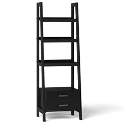 SIMPLIHOME Sawhorse SOLID WOOD 72 Inch X 24 Inch Modern Industrial Ladder Shelf With Storage In Black With 2 Drawers And 4 Shelves, For The Living Room, Study And Office