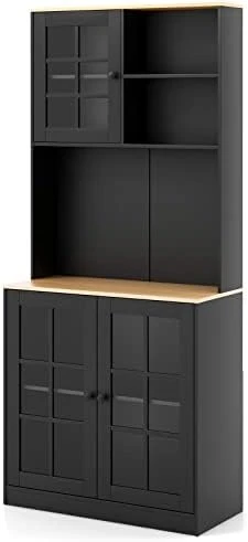 PETSITE Kitchen Pantry Storage Cabinet, 72'' Freestanding Buffet With Hutch With 2 Tempered Glass Doors Cabinets & Open Shelves, Microwave Cupboard For Living Room, Dining Room, White 6 PETSITE Kitchen Pantry Storage Cabinet, 72'' Freestanding Buffet With Hutch With 2 Tempered Glass Doors Cabinets & Open Shelves, Microwave Cupboard For Living Room, Dining Room, White - Image 4