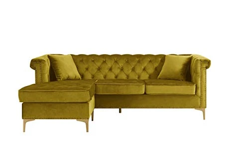 Iconic Home Levin Left Hand Facing Sectional Sofa L Shape Chaise Velvet Button Tufted Rolled Arm With Nail Head Trim Tone Metal Y-Leg With 2 Accent Pillows Modern Contemporary, Gold 5 Iconic Home Levin Left Hand Facing Sectional Sofa L Shape Chaise Velvet Button Tufted Rolled Arm With Nail Head Trim Tone Metal Y-Leg With 2 Accent Pillows Modern Contemporary, Gold - Image 3
