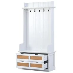 SCORRO Clothes Locker Vintage Style Hall Tree With 5 Metal Hooks And 2 Large Rattan Element Drawers Wooden Hallway Organizer With Storage Bench And Metal Drawer Handles (White) -Amazon Store 31qkzQhK5vL